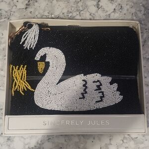 Sincerely Jules Black and White Swan Beaded Wristlet